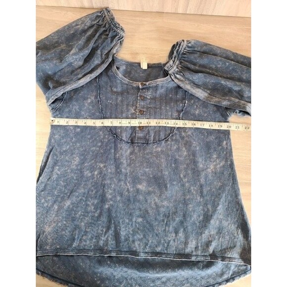 Free People Blue Cotton Top Puff Sleeve Bib Blouse Distressed Wash We The Free - Picture 5 of 9